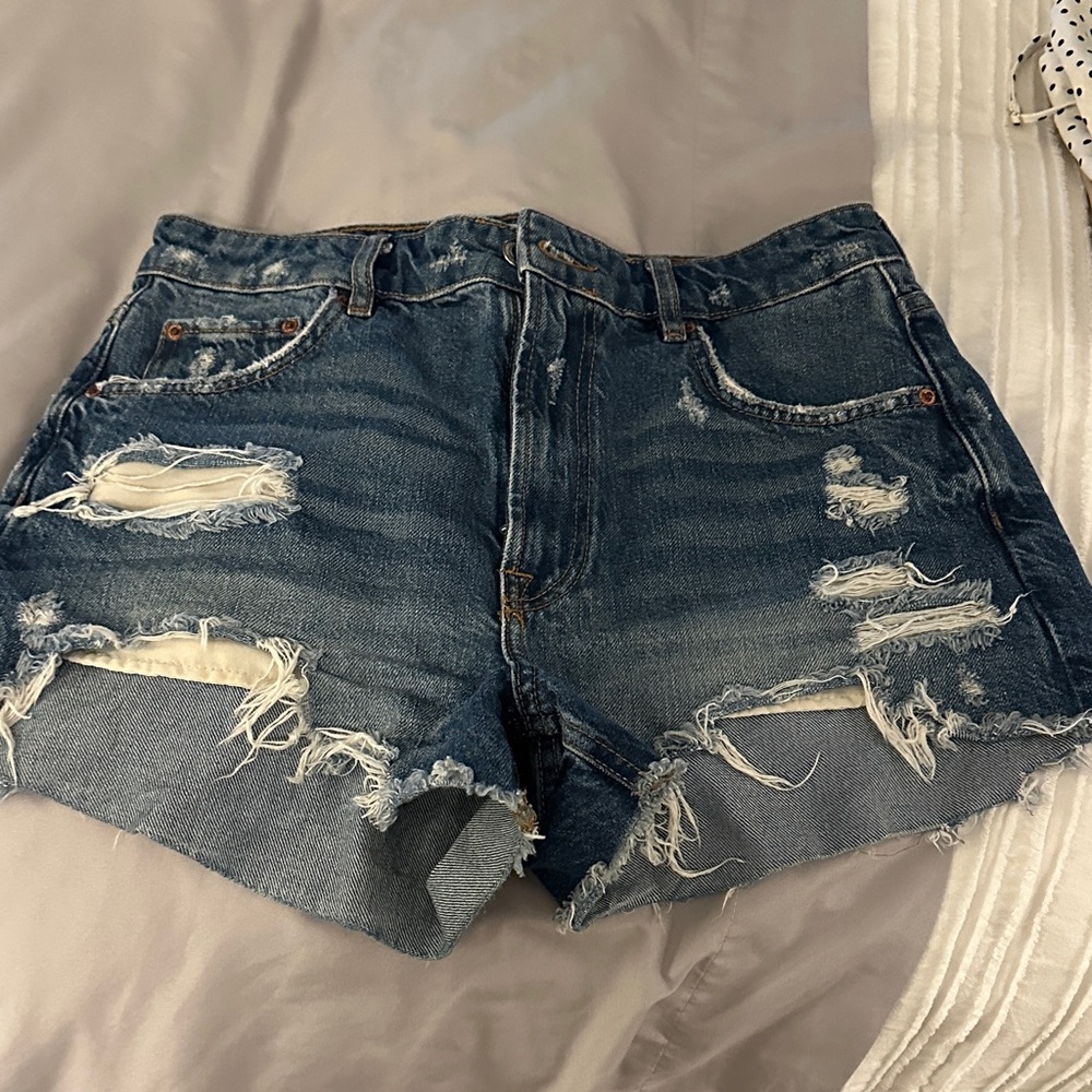 Zara Dark Blue Ripped Jean Shorts